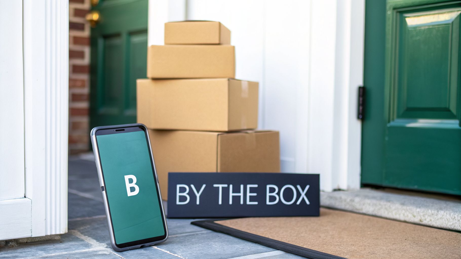 Cardboard boxes stacked on a porch with a smartphone and 'BY THE BOX' sign near a green door.