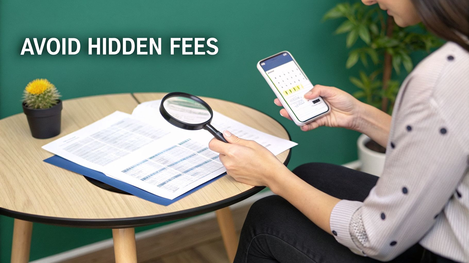 Woman examining financial documents with a magnifying glass and smartphone, emphasizing avoiding hidden fees.