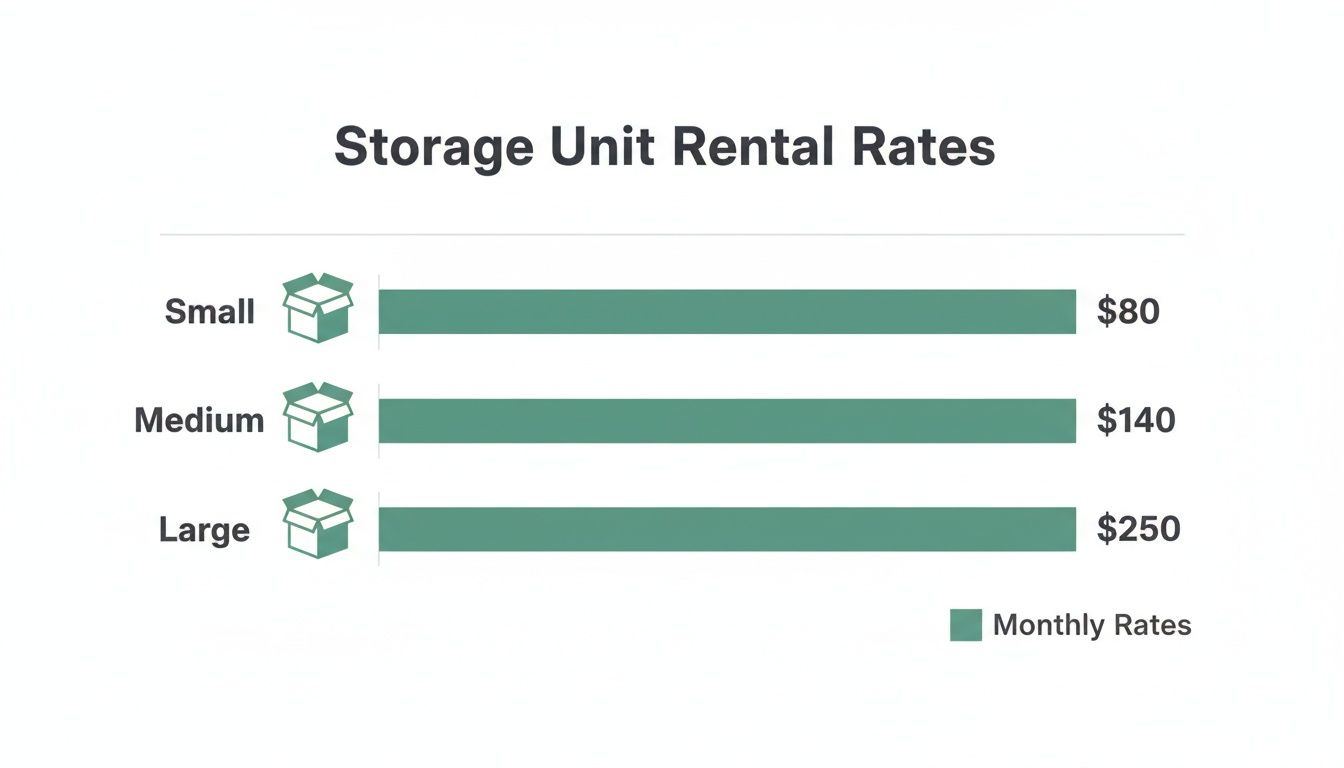 Bar chart displaying monthly storage unit rental rates: Small $80, Medium $140, Large $250.