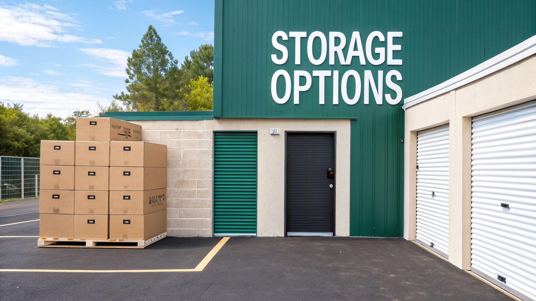 A self-storage facility with green and white units, stacked moving boxes, and a 'STORAGE OPTIONS' sign.