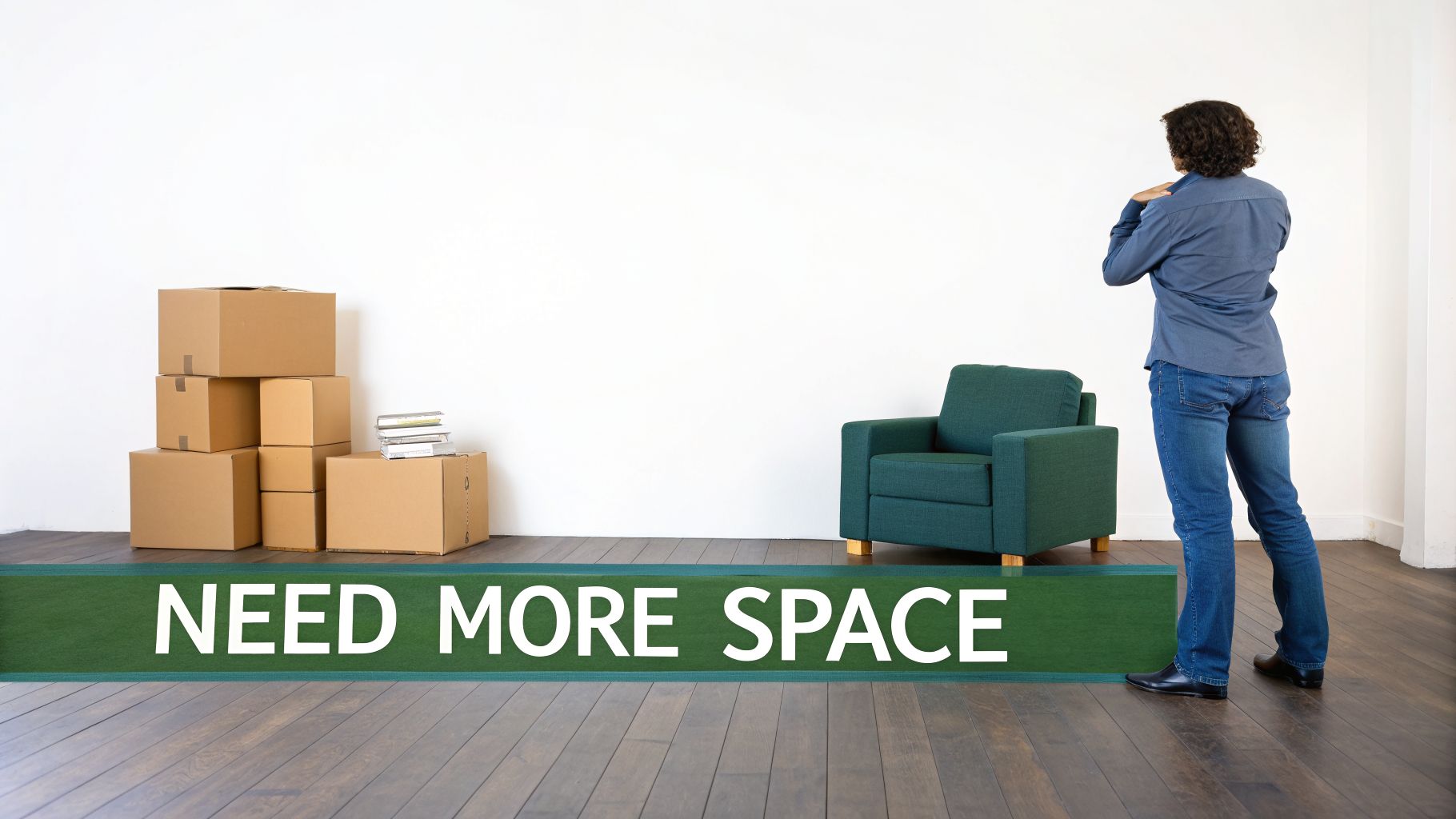 A person looking at a room with moving boxes, a green armchair, and a 'NEED MORE SPACE' banner.