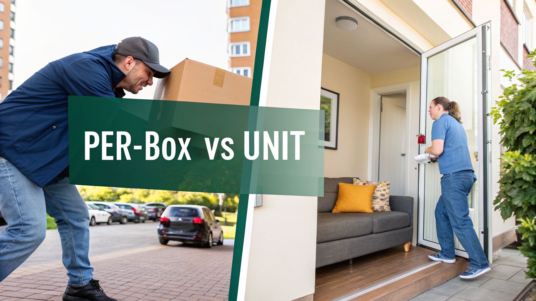 A split image contrasting a man carrying a box labeled 'PER-Box' with a woman entering a residential unit labeled 'vs UNIT'.