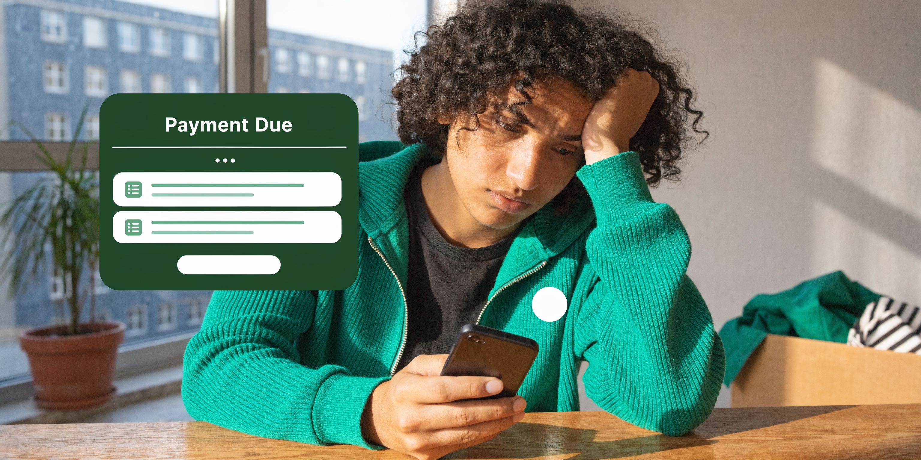 A worried young person looks at their smartphone while a payment due notification appears on screen.