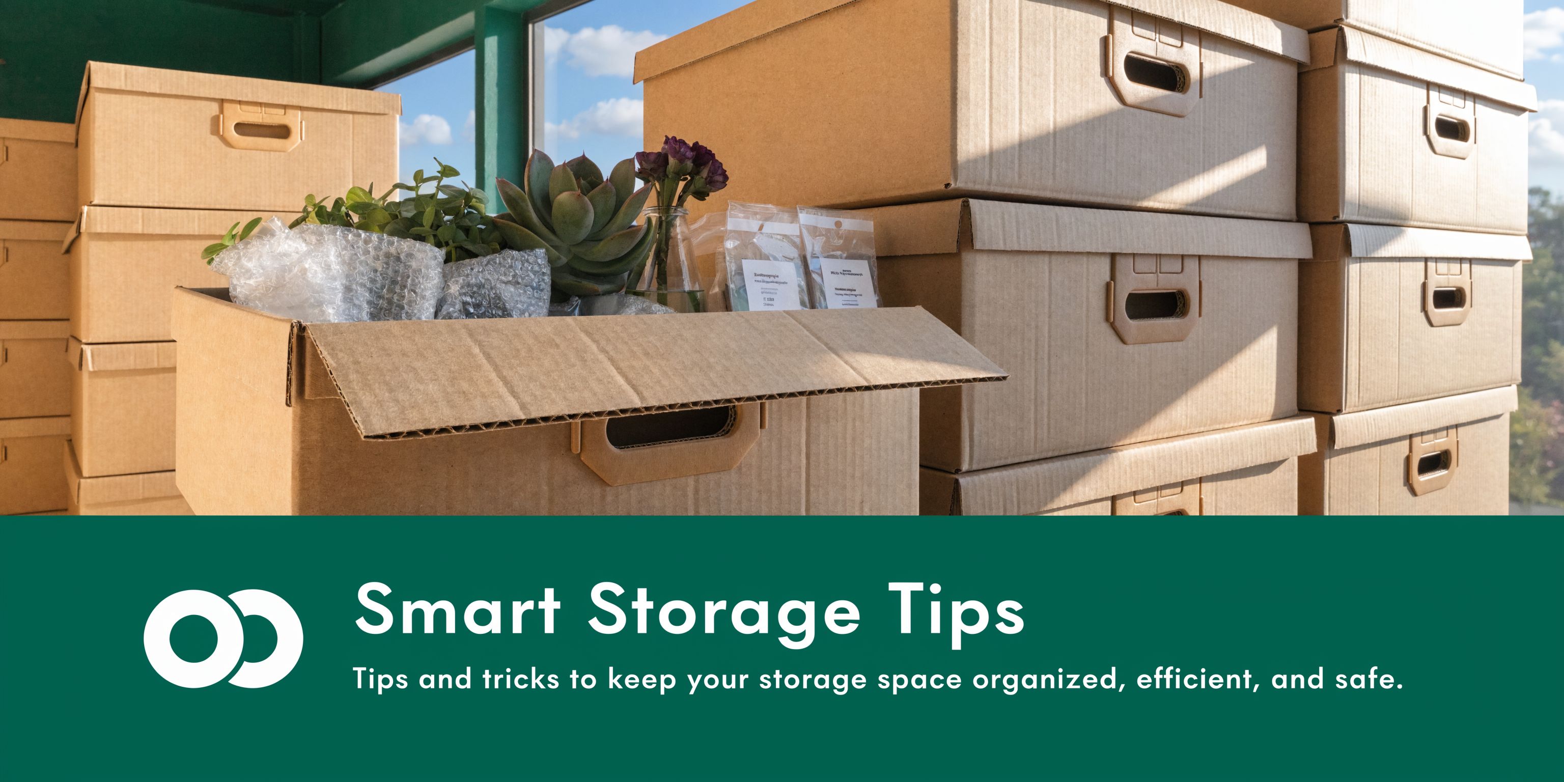 A stack of cardboard boxes with an open box featuring a succulent plant and packing materials.