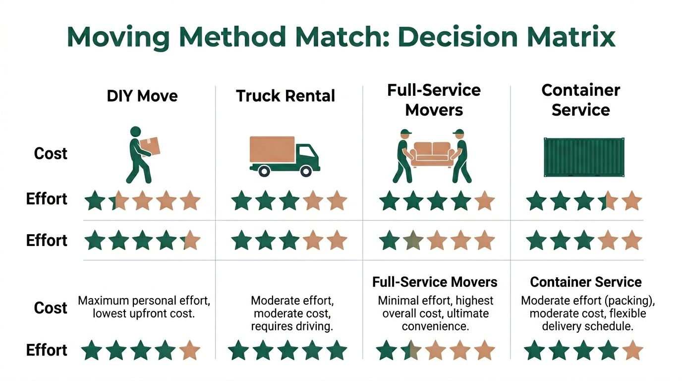 A decision matrix comparing DIY moves, truck rentals, full-service movers, and container services by cost and effort.