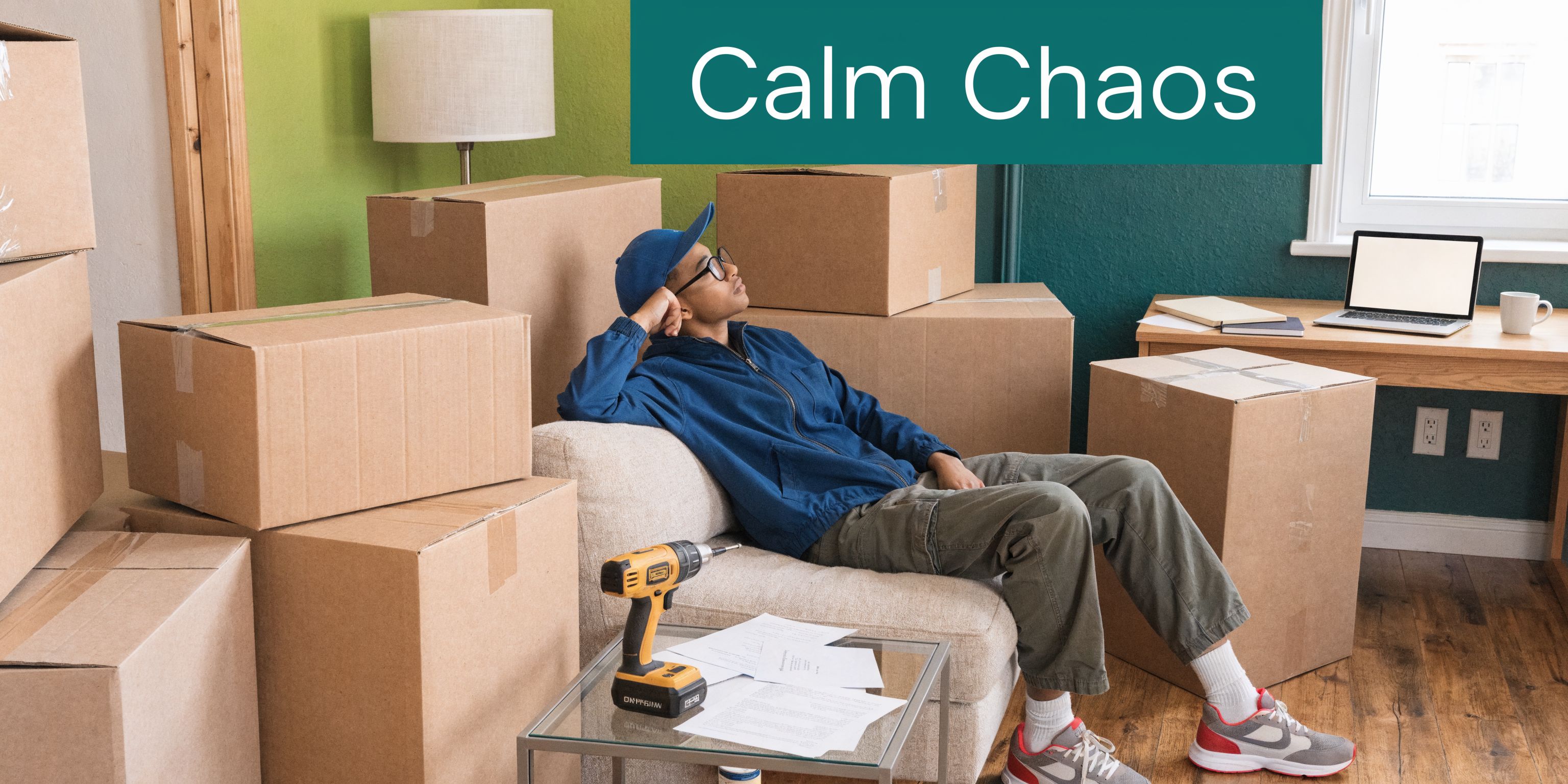 A young man sitting in an armchair surrounded by cardboard moving boxes in a new apartment.