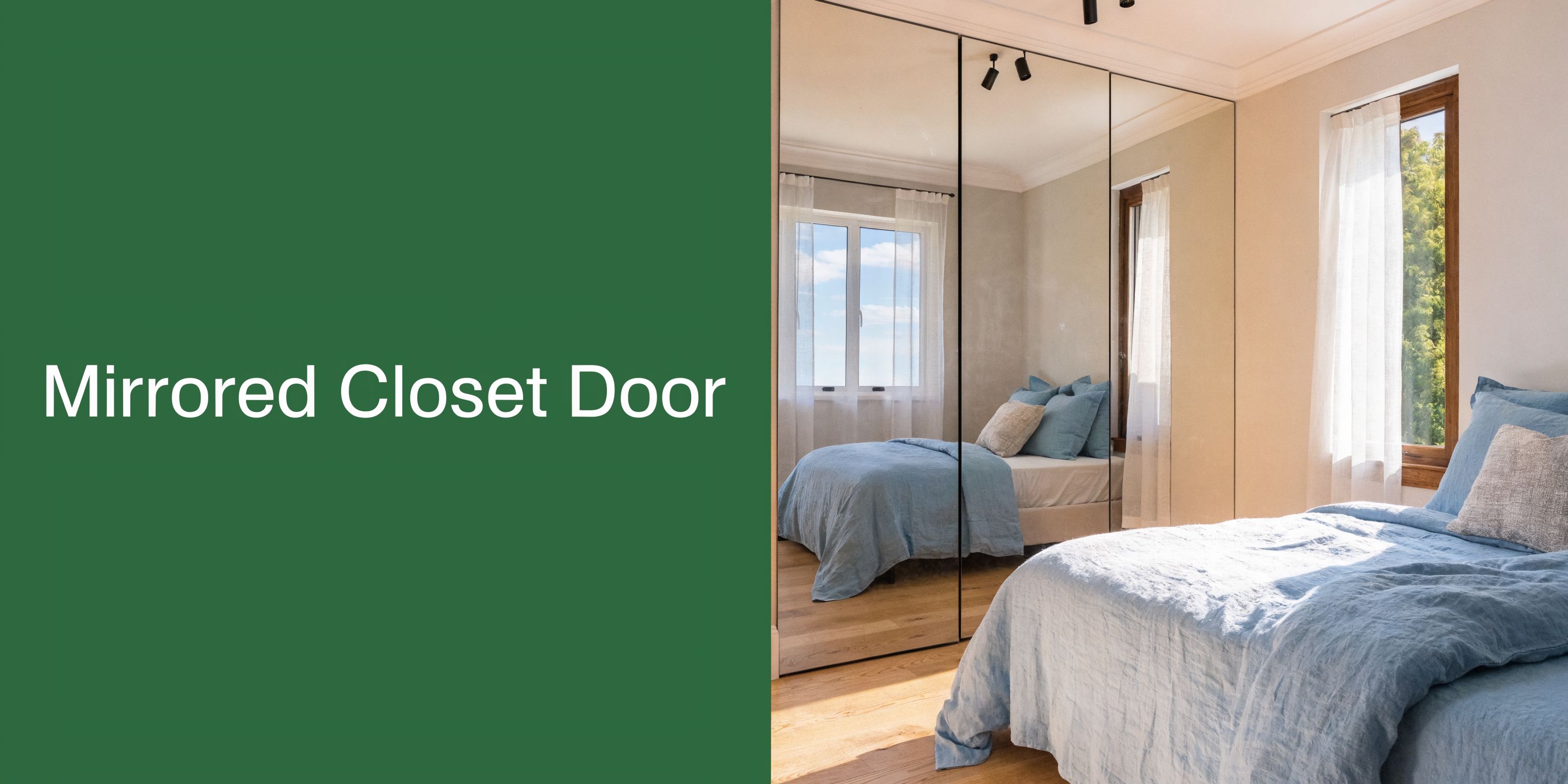 A modern bedroom features large floor-to-ceiling mirrored closet doors reflecting the bed and window light.