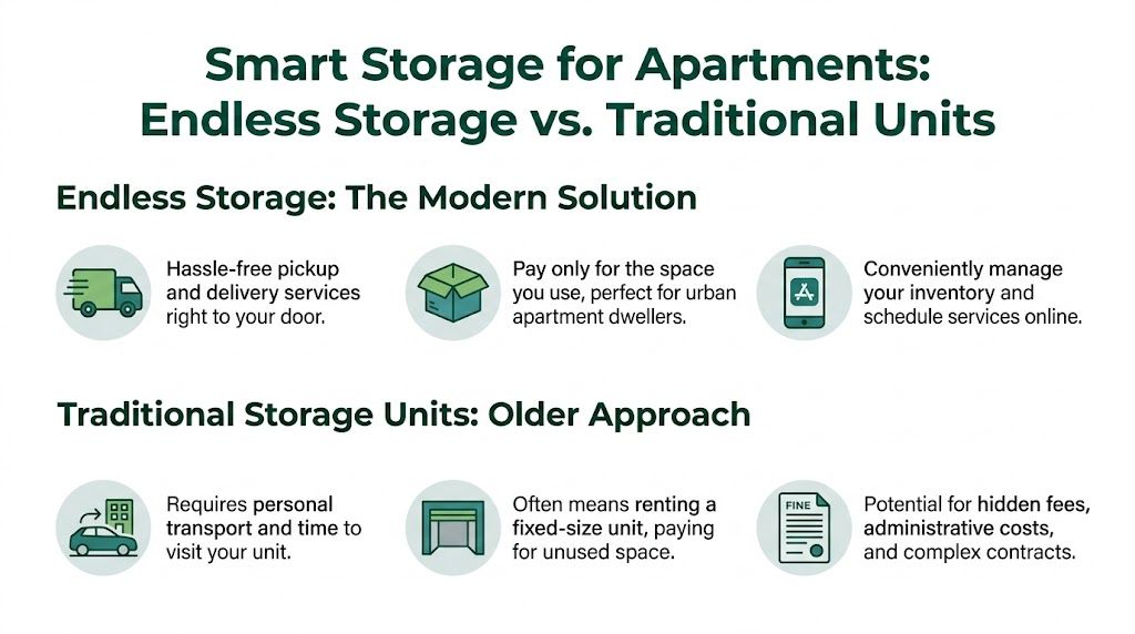 A comparison chart showing benefits of modern endless storage versus traditional storage units for apartment dwellers.