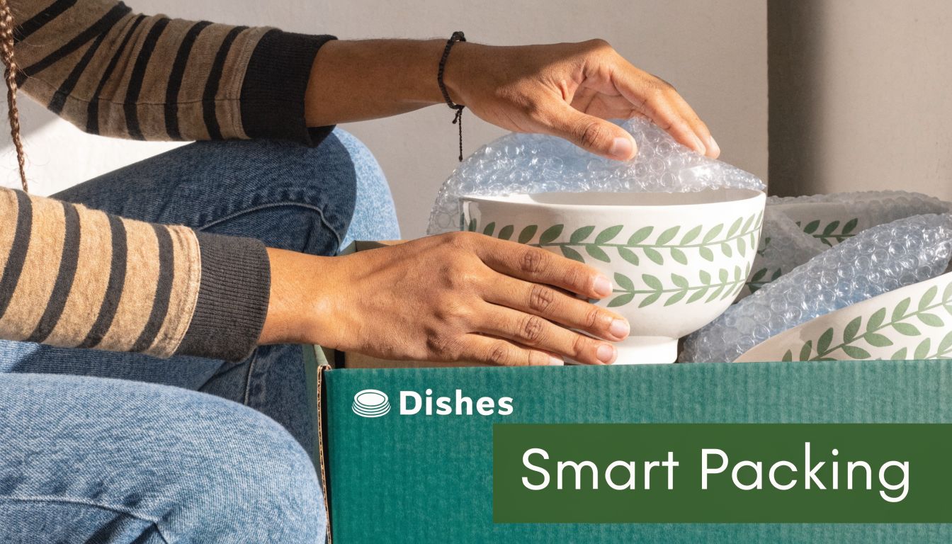 A person carefully packing white ceramic bowls with green leaf patterns into a cardboard box for moving.