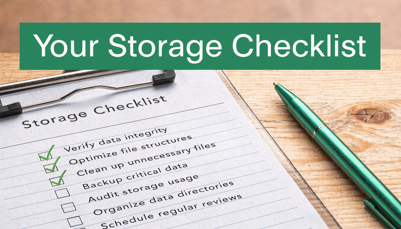 A clipboard with a storage checklist resting on a wooden desk next to a green pen.