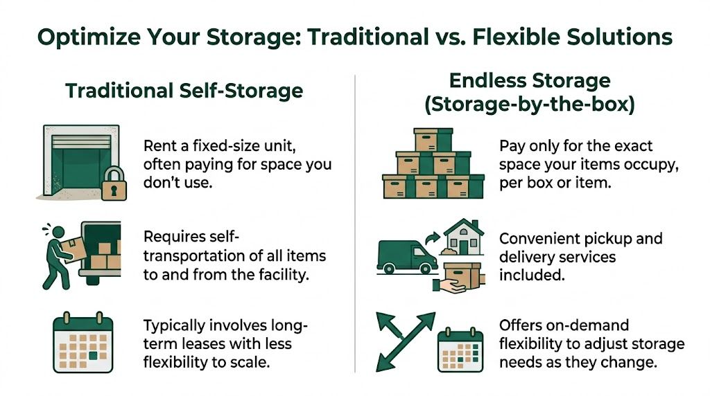A comparison chart showing benefits of traditional self-storage versus flexible box-based storage solutions for consumers.