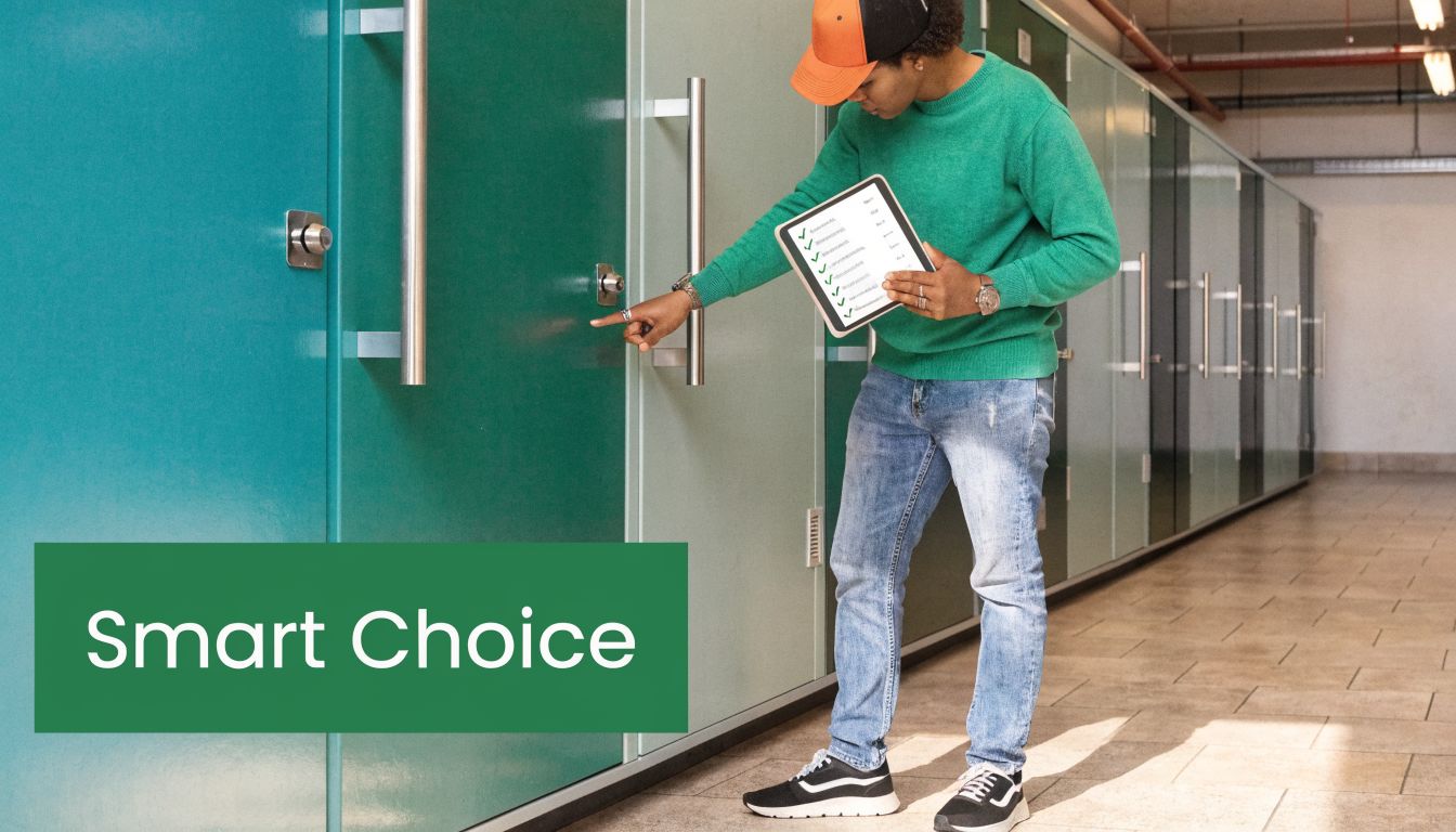 A person in a green sweater holding a digital checklist while inspecting climate controlled storage units.