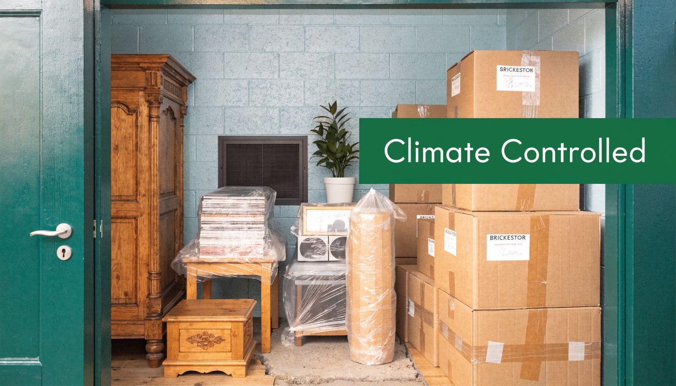 A climate controlled storage unit featuring stacked cardboard boxes, wooden furniture, and household items neatly arranged inside.