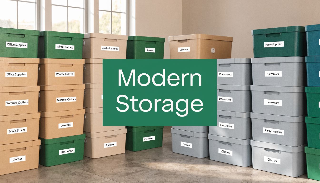 A collection of stackable storage bins in various colors, each neatly labeled with items like clothing and books.