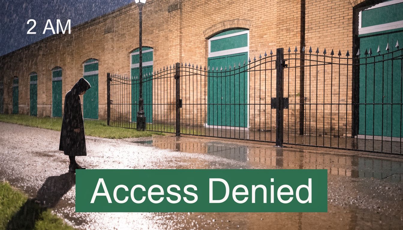 A person in a hooded coat standing outside a locked self-storage facility at 2 AM in the rain.