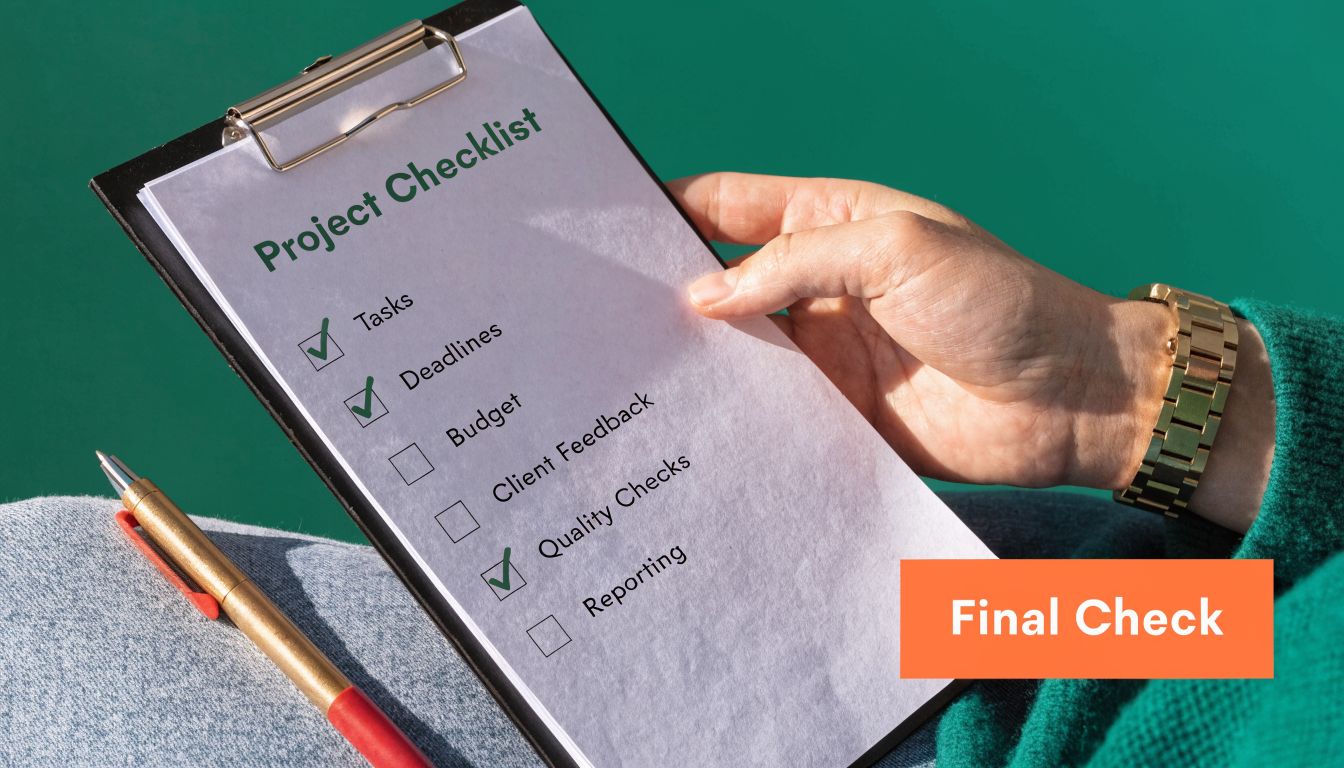 A hand holding a clipboard with a project checklist, featuring several tasks marked as completed.