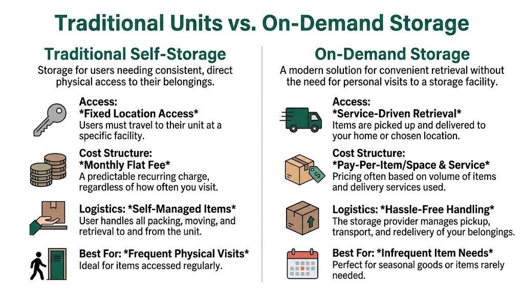 A comparison chart outlining the differences between traditional self-storage facilities and modern on-demand storage services.