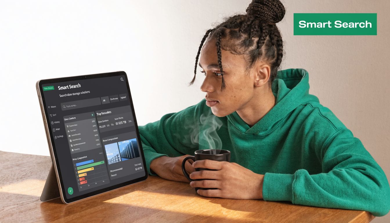 A person in a green hoodie looking at a tablet displaying storage management data with a coffee mug.