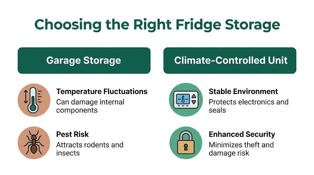A comparison chart showing the benefits and risks of storing a refrigerator in a garage versus a climate-controlled unit.