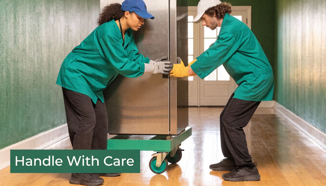 Two professional movers in green uniforms carefully transport a large stainless steel refrigerator on a rolling dolly.