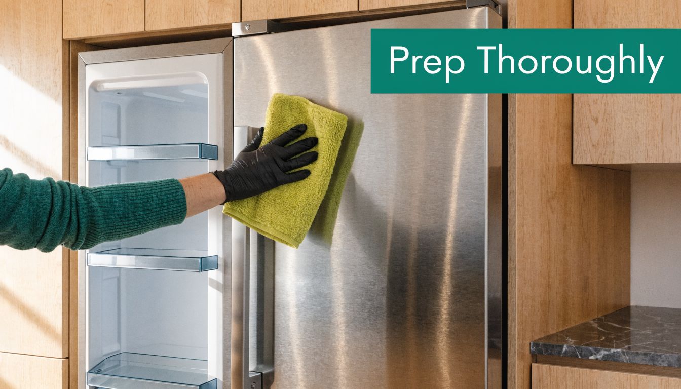 A person wearing a black glove cleans the stainless steel surface of a refrigerator with a cloth.