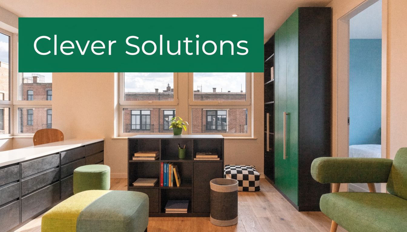 A modern, bright living space featuring a bookshelf, green storage cabinets, and comfortable seating areas.