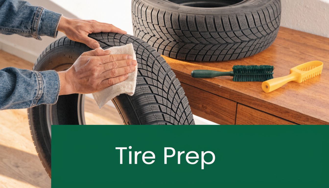 A person cleaning a car tire with a white cloth before storing winter tires.