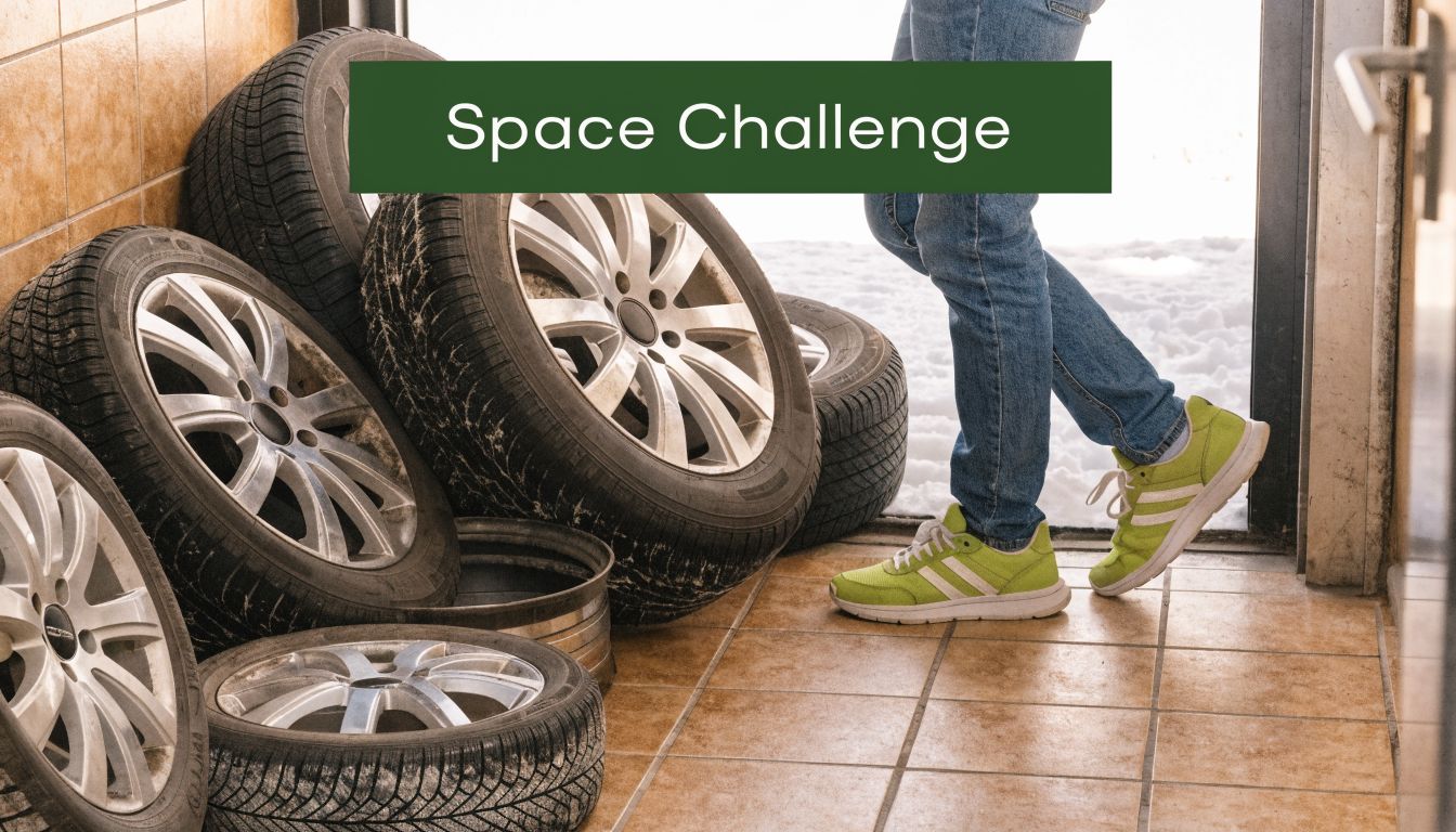 A person standing in a room with a stack of winter tires stored on the floor.