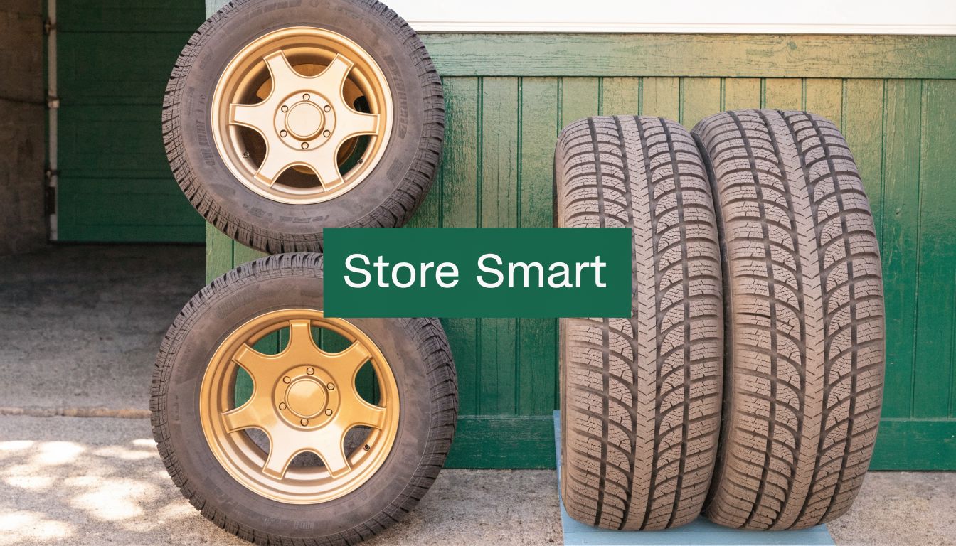 A set of four winter car tires with gold-colored alloy rims stacked against a green wall.