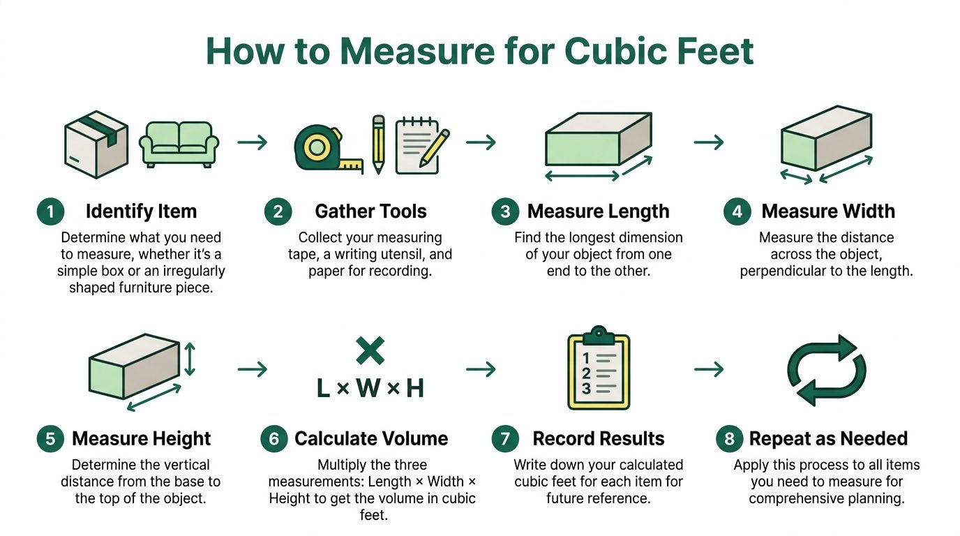 An instructional infographic explaining the eight-step process for calculating the cubic feet volume of various objects.