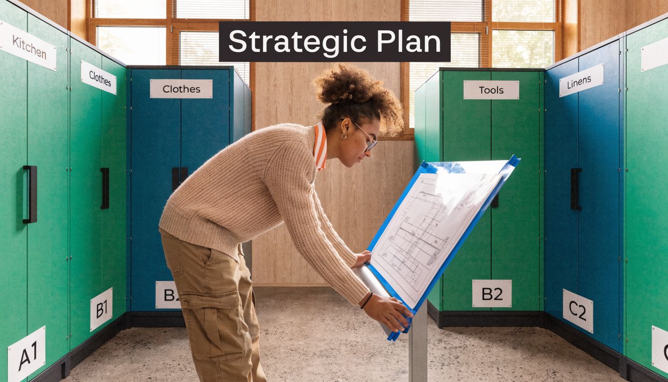 A young woman examining a blueprint near several colorful storage lockers with organized labels.