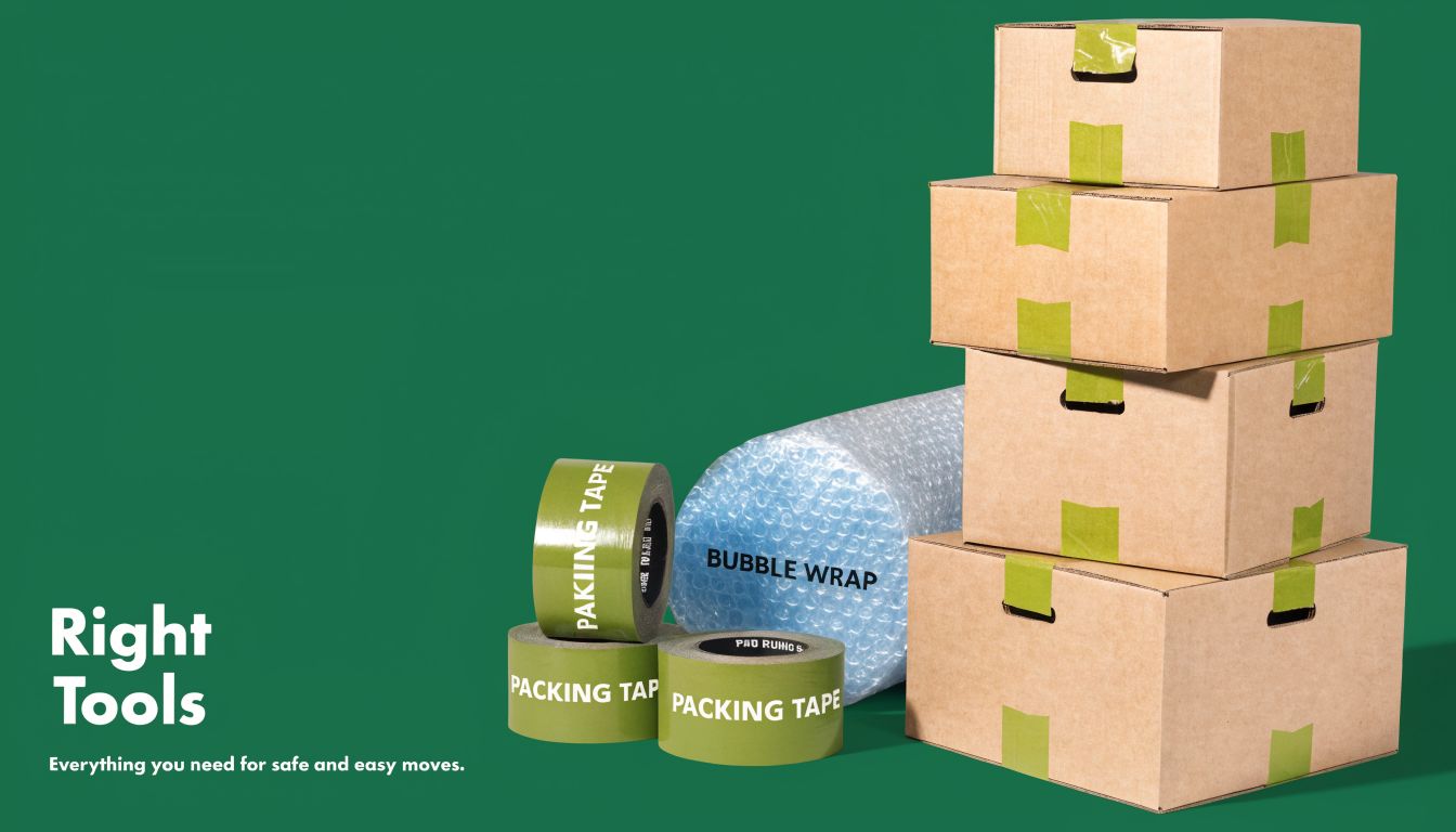 A stack of brown cardboard boxes alongside rolls of bubble wrap and green packing tape.