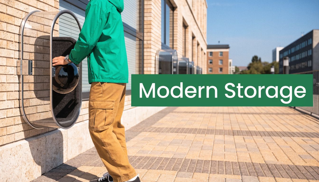 A person placing items into a modern, transparent wall-mounted storage unit on a brick building exterior.