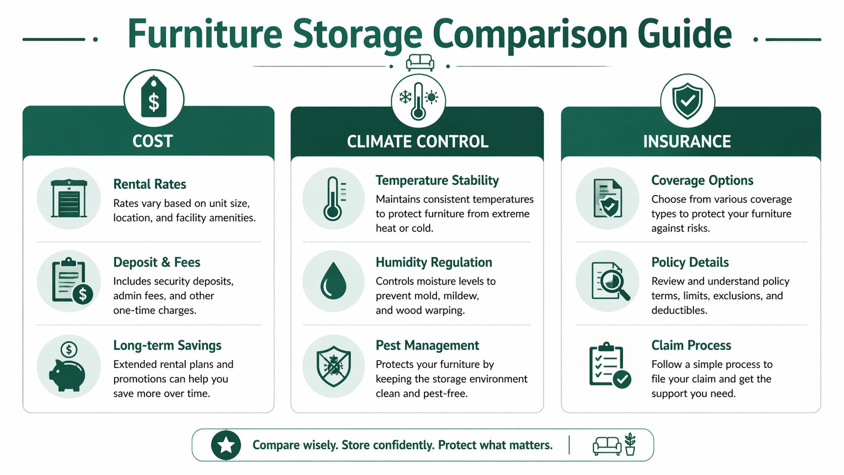 A comparison guide for furniture storage, highlighting factors like cost, climate control, and insurance requirements.