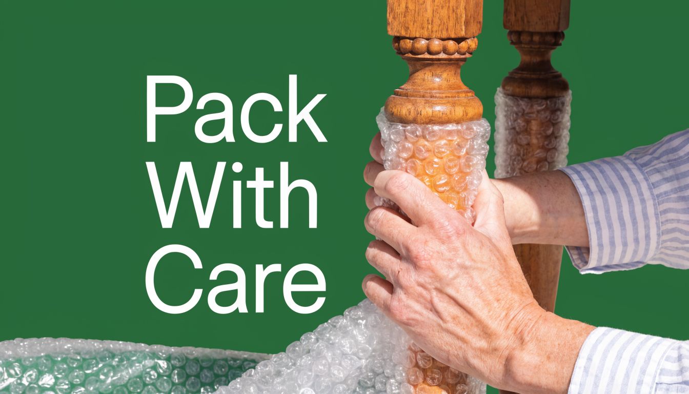 A person wrapping a wooden furniture leg in protective bubble wrap for safe storage and transport.