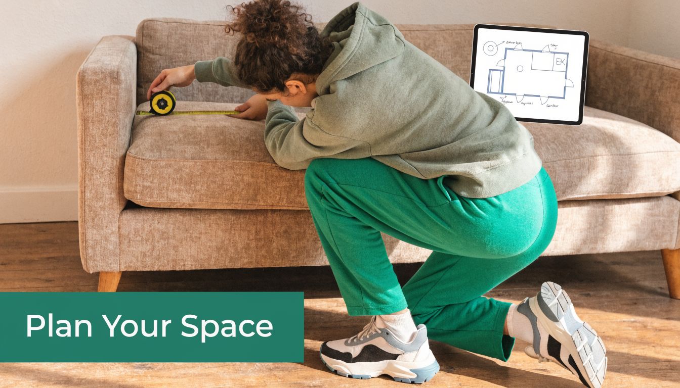 A person kneeling on a wooden floor measuring a sofa with a tape measure while holding a tablet.