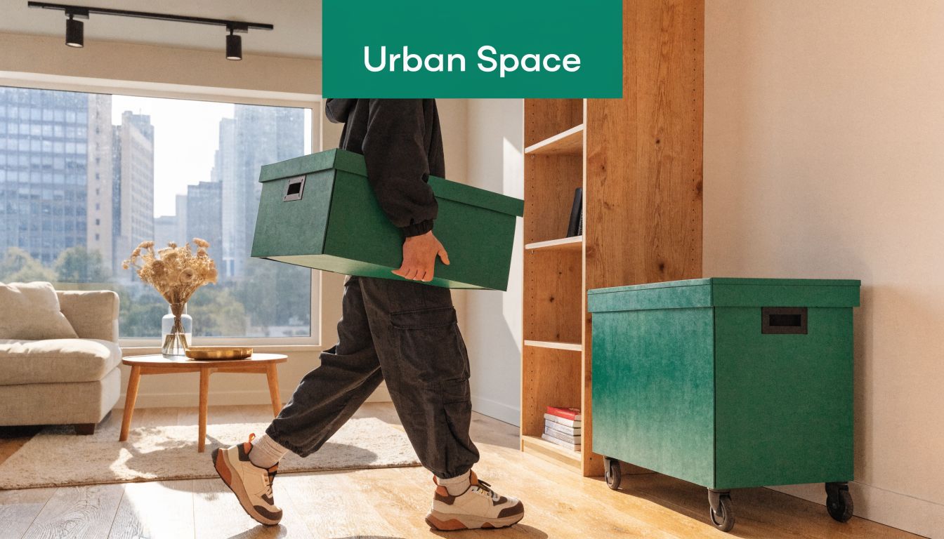 A person carries a large green storage box through a modern apartment with a wooden bookshelf.