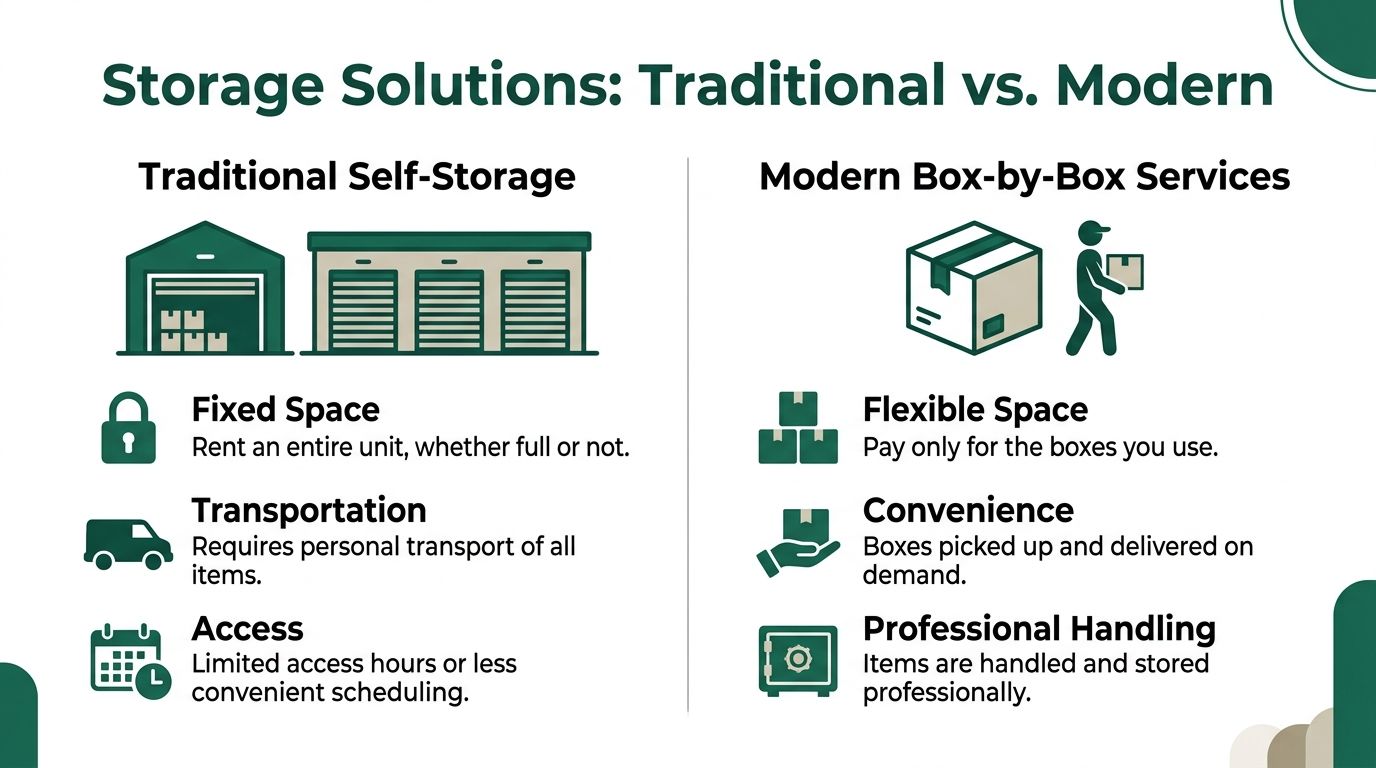 A comparison infographic between traditional self-storage units and modern box-by-box storage services.