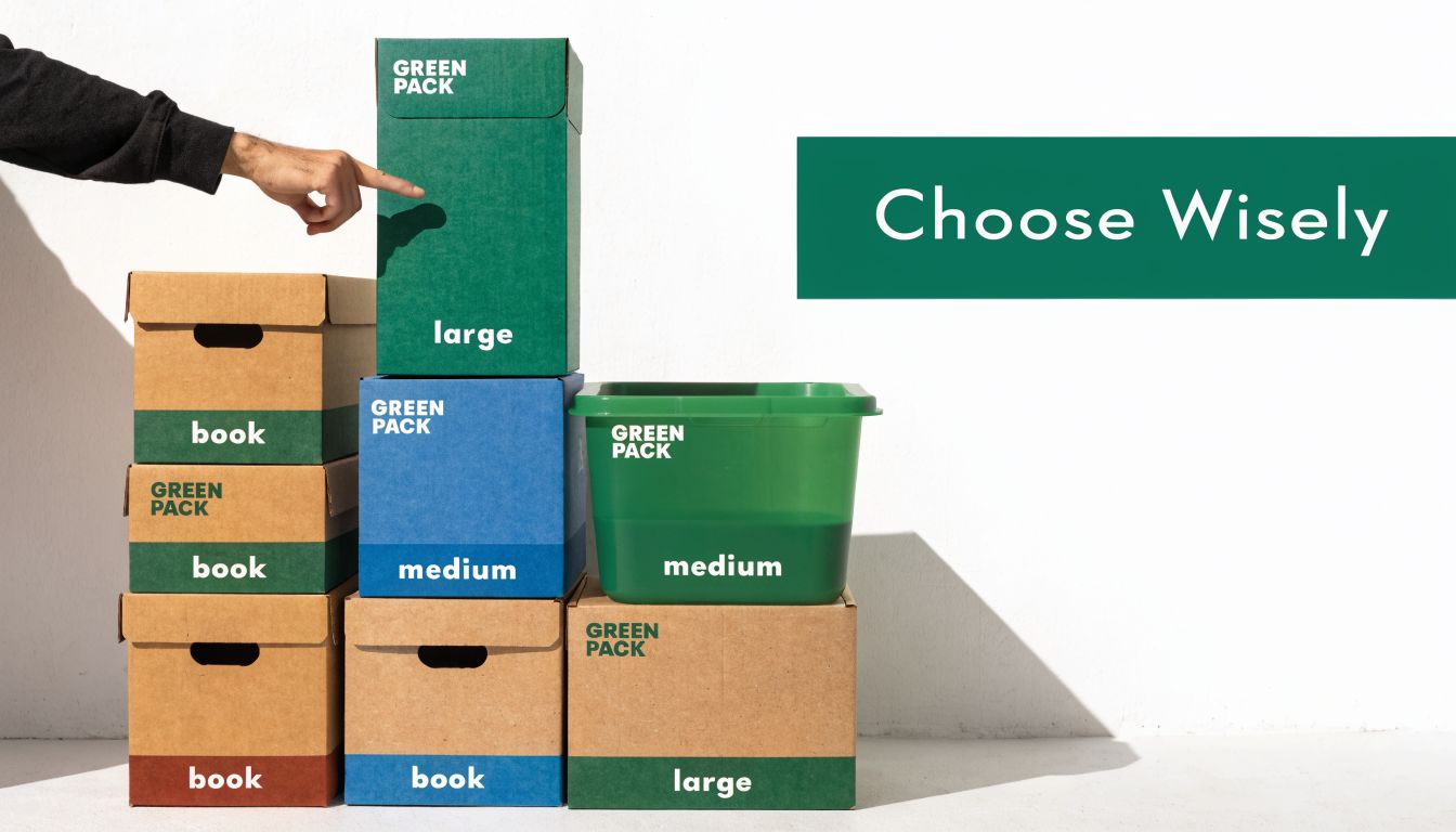 A hand points to a green storage box stacked beside various cardboard and plastic storage containers.