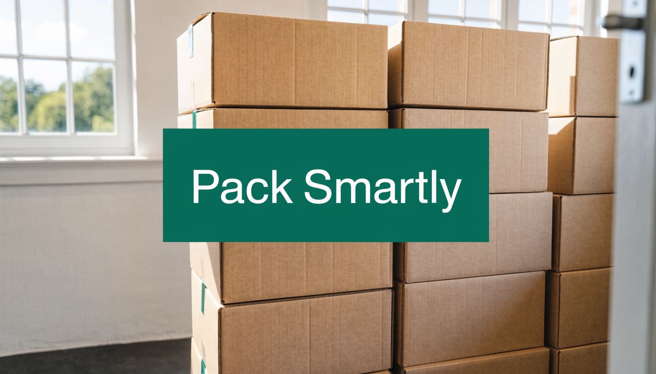 A stack of cardboard moving boxes in a room with a large window and green overlay.