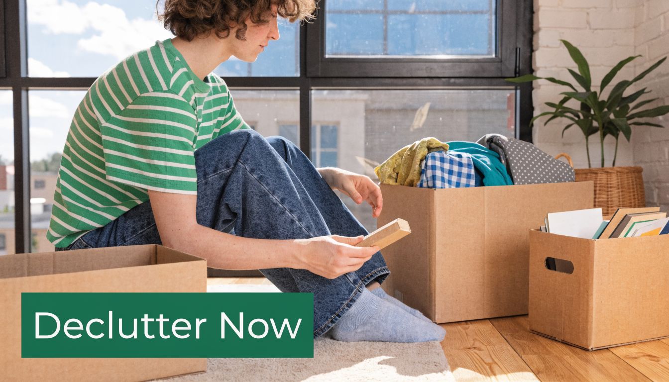 A person sitting on the floor sorting personal items into cardboard boxes during a home decluttering process.