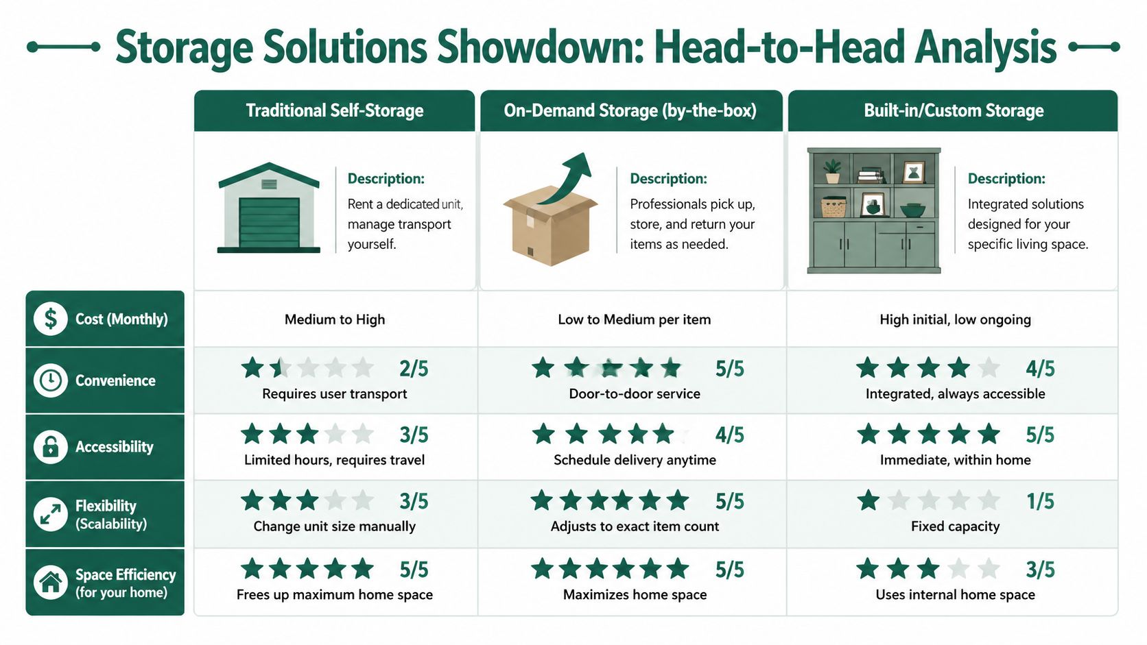 A comparison chart analyzing traditional self-storage, on-demand storage, and built-in custom storage across various performance metrics.