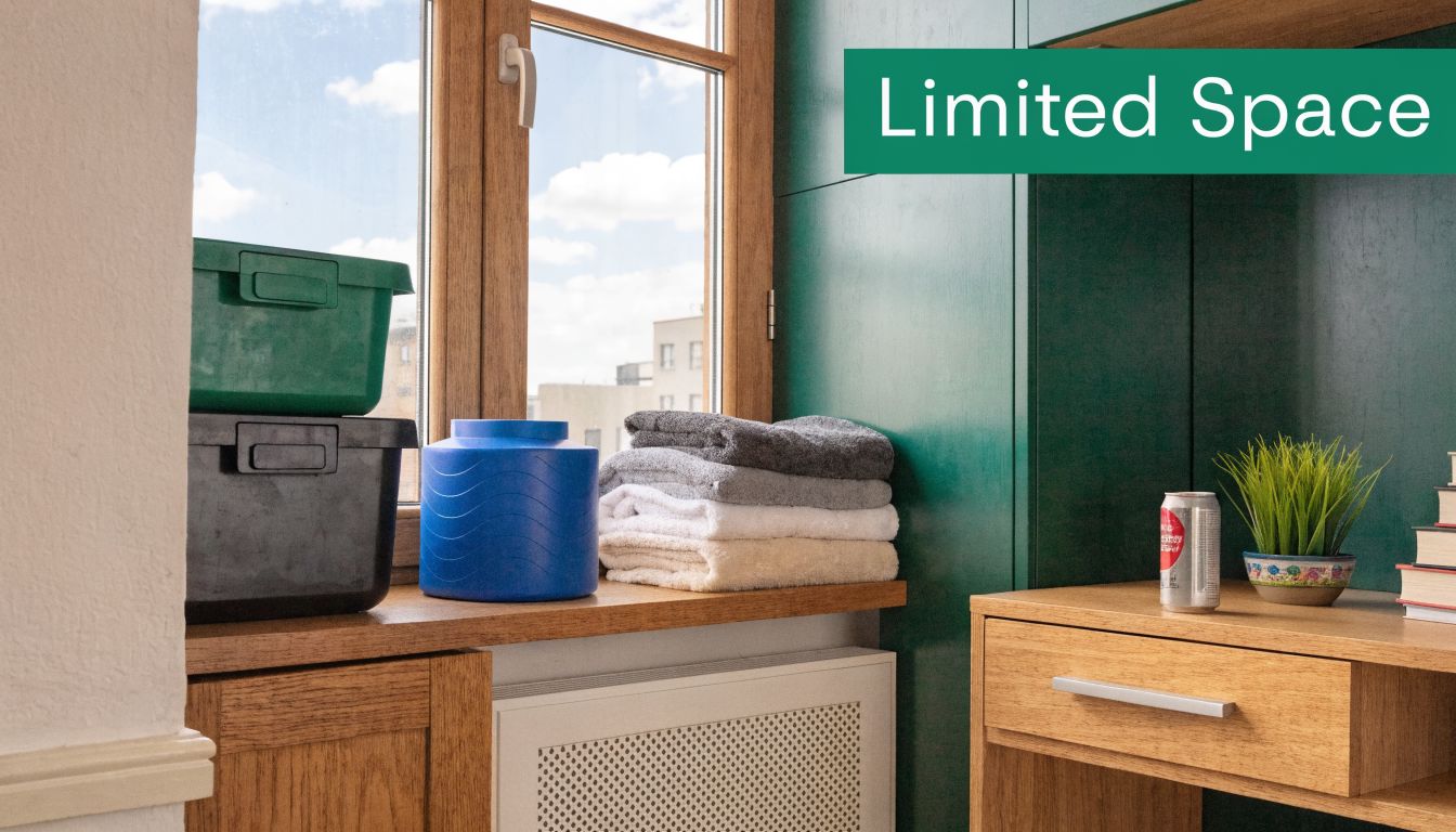 A modern, compact workspace area featuring wooden surfaces, organized storage bins, folded towels, and a small potted plant.