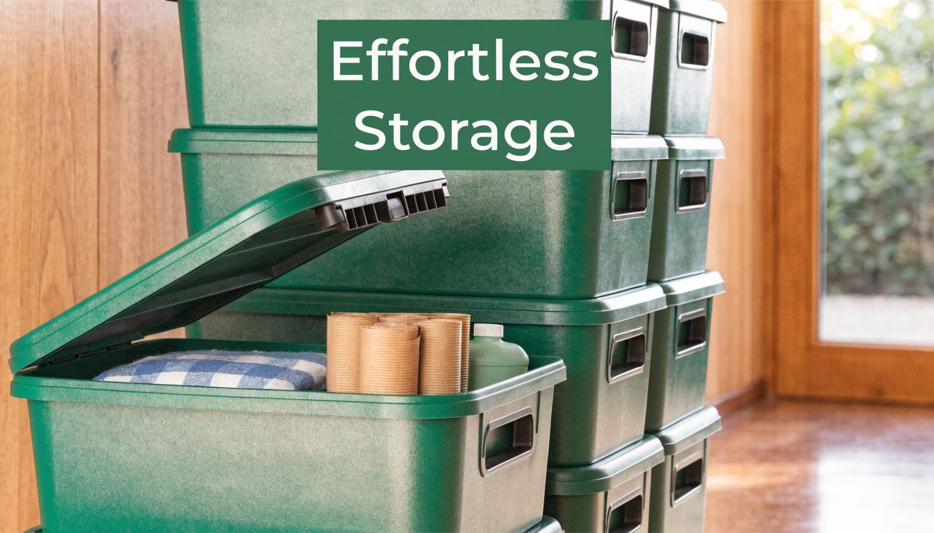 A stack of green plastic storage bins with one open, revealing household items inside.