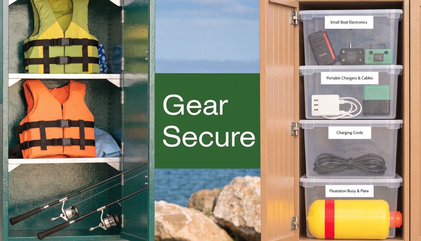 A split view showing boat gear organized in a green metal locker and a beige cabinet.