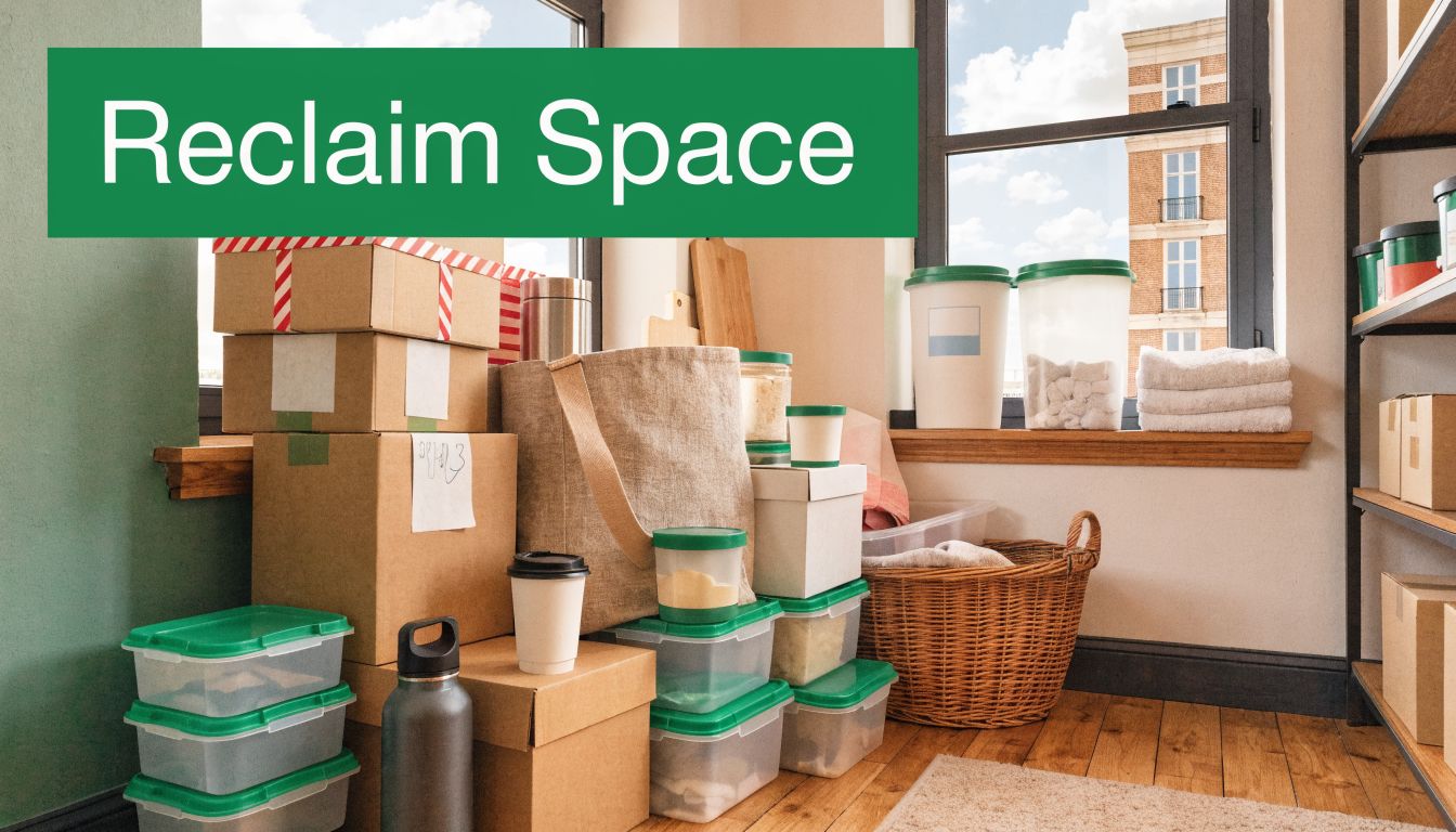 Various cardboard boxes and storage containers neatly arranged in a sunlit room for organization and decluttering.