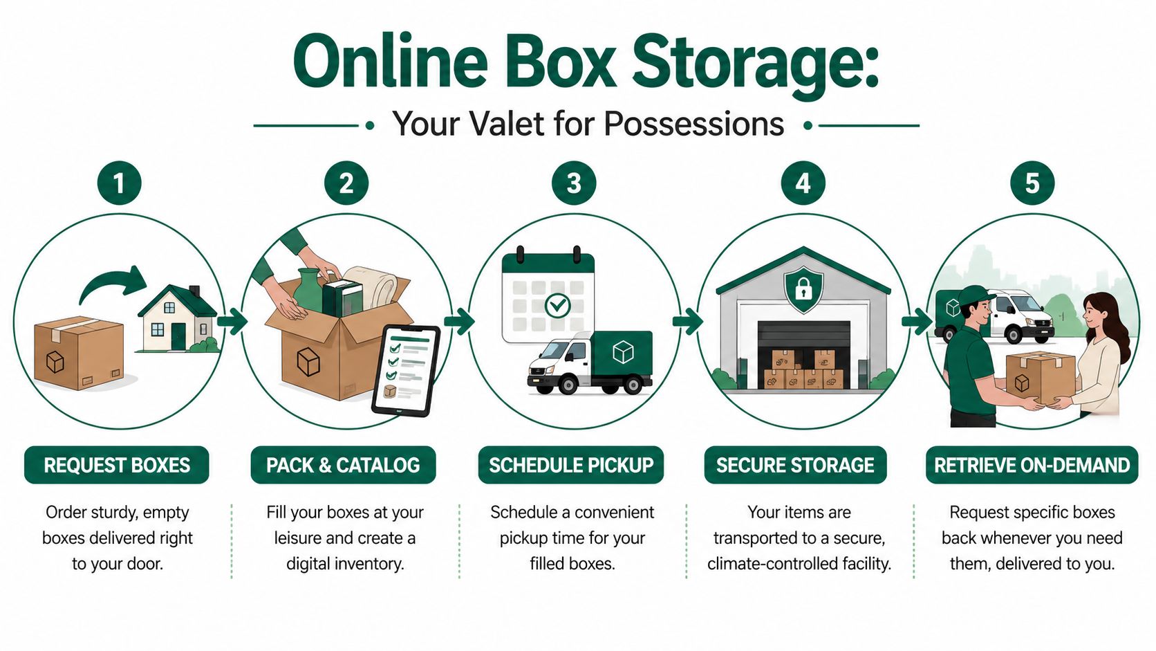 A five-step infographic illustrating the online box storage process from ordering empty boxes to on-demand retrieval.
