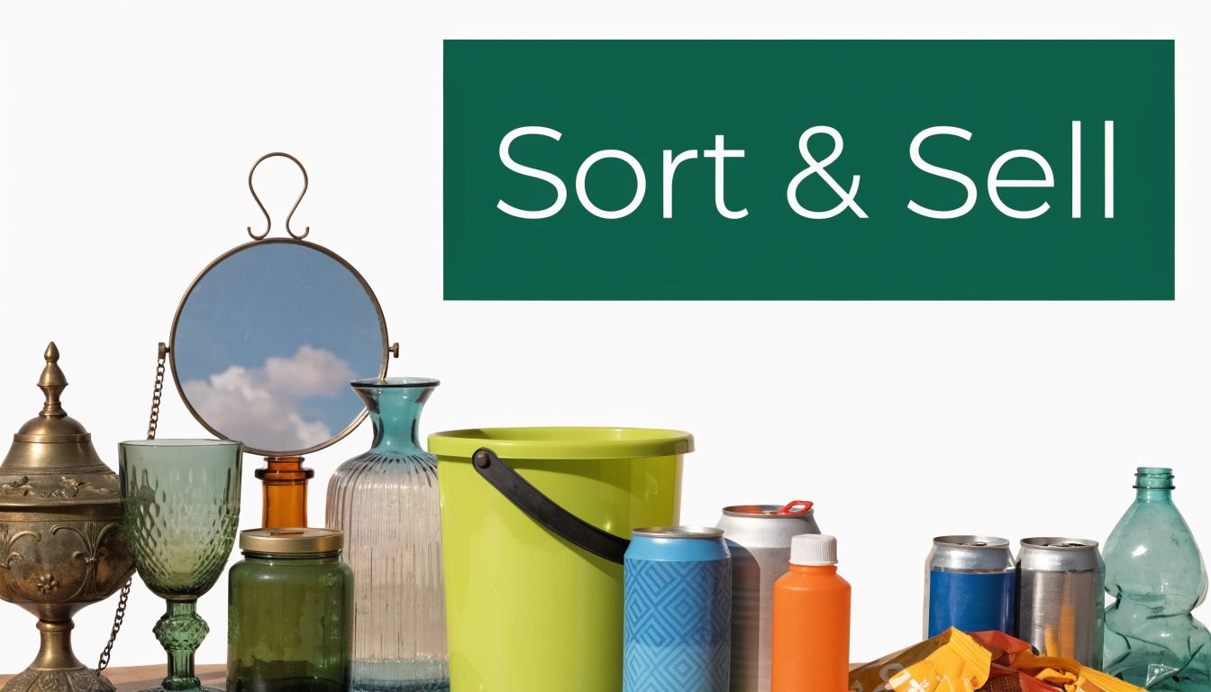 A collection of assorted household items including a mirror, vase, and recycling bins for sorting items.