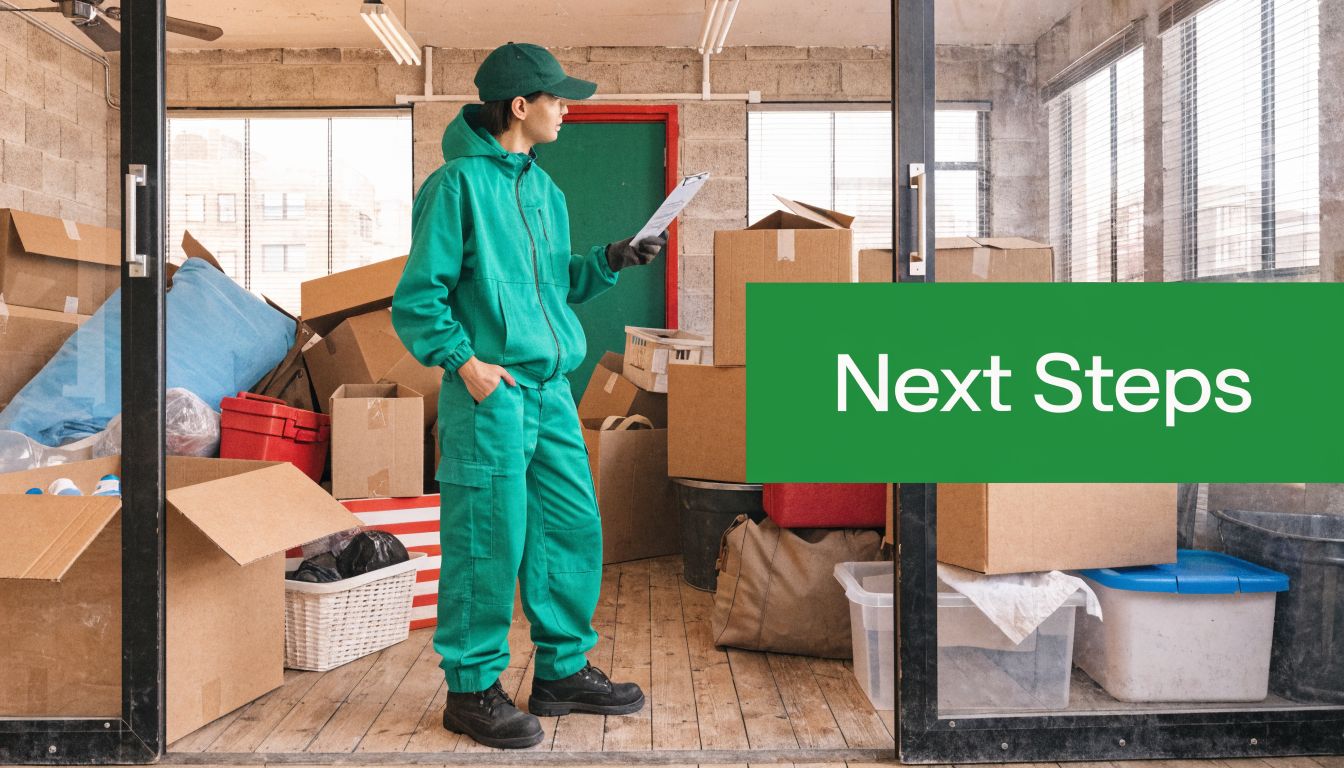 A mover in green uniform stands among cardboard boxes and storage items, reviewing a clipboard checklist.