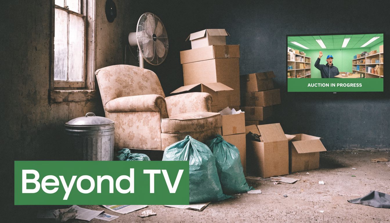 An abandoned, cluttered room featuring an armchair, cardboard boxes, trash bags, and a television playing an auction.